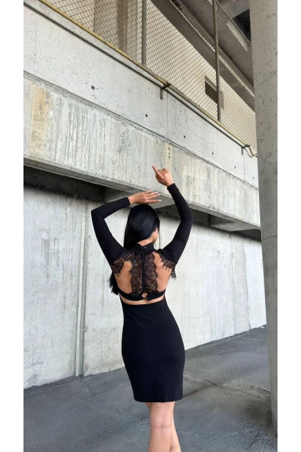 Suyolu Dantel Detaylı Sırt Dekolte Mini Elbise