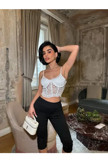 Taş Detay Dantel Crop Büstiyer
