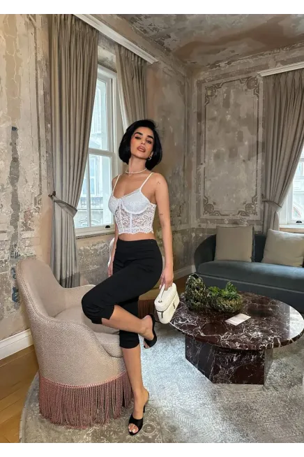 Taş Detay Dantel Crop Büstiyer