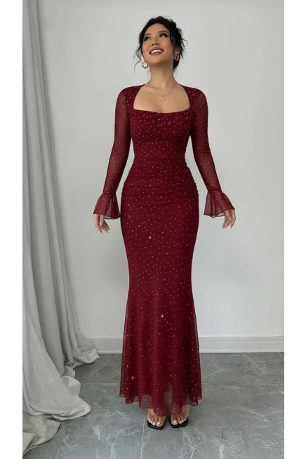 Taş İşleme Full Likralı Maxi Boy Elbise Bordo