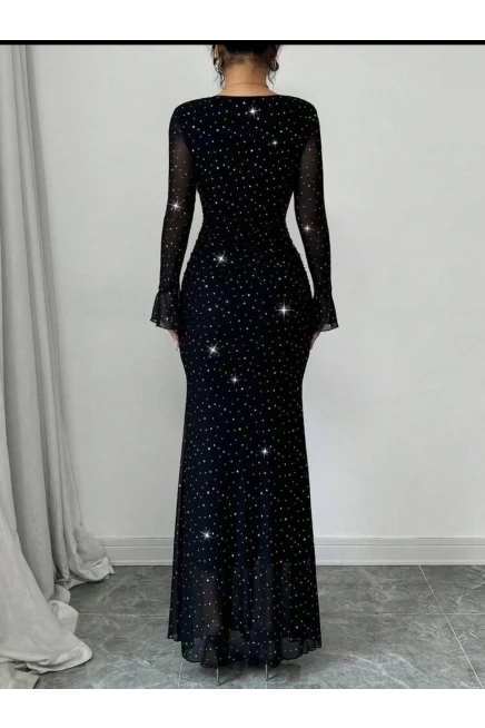 Taş İşleme Full Likralı Maxi Boy Elbise Siyah