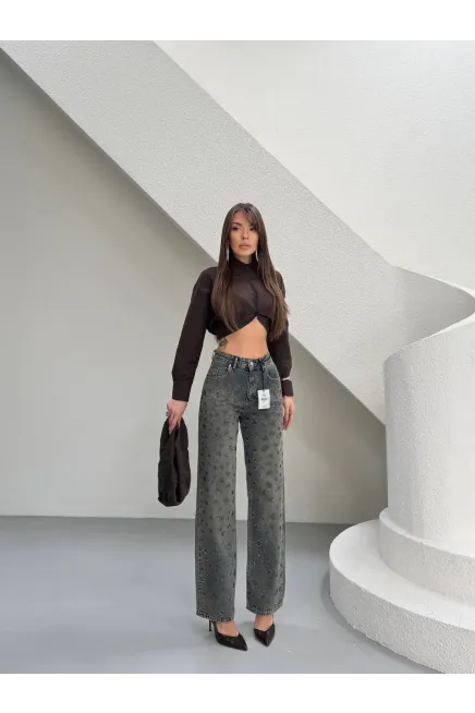 Tik Likra Leopar Taşlı Straightfit Jeans