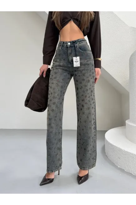 Tik Likra Leopar Taşlı Straightfit Jeans