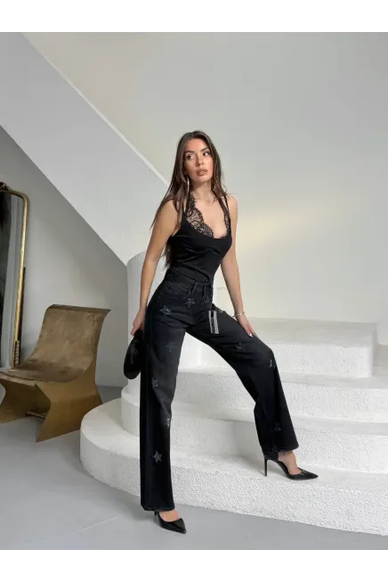 Tik Likra Yıldız Taşlı Straight Fit Jeans