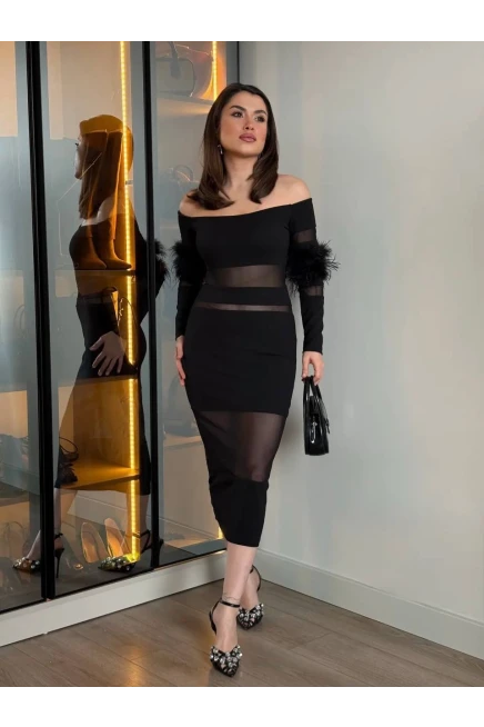 Tüy Detaylı Full Likralı Midi Boy Elbise