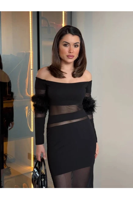 Tüy Detaylı Full Likralı Midi Boy Elbise