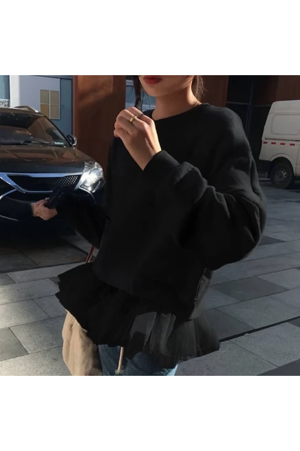 Üç İplik Şardonlu Tül Detaylı Sweatshirt