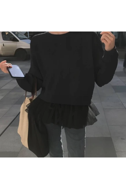Üç İplik Şardonlu Tül Detaylı Sweatshirt