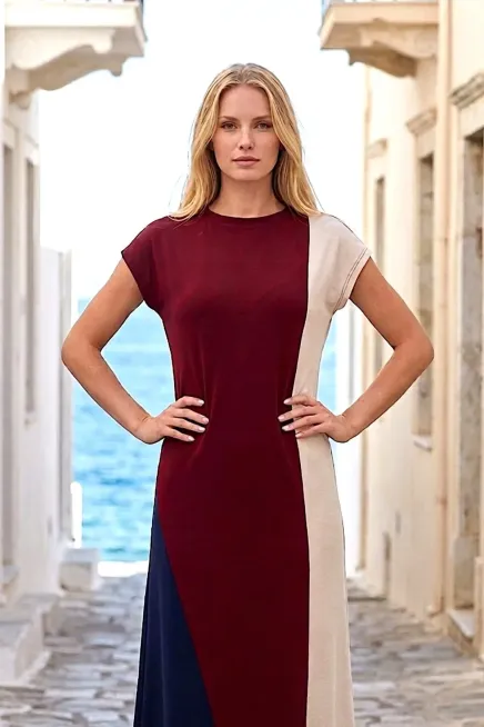 Bordo Şeritli Blok Detay Modal Kumaş Elbise