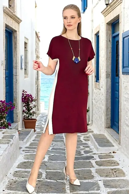 Bordo Yanları Beyaz Şeritli Oysho Elbise