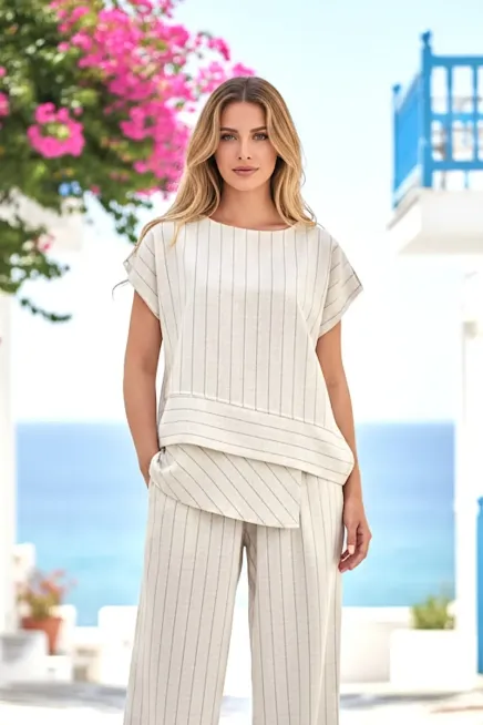 Kadın Siyah Çizgili Keten Takım