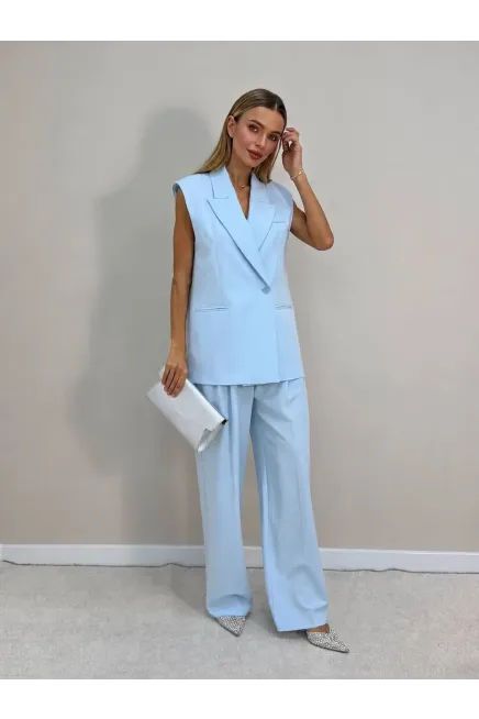 Vatkalı Blazer Yelek ve Pantalon Takım Mavi