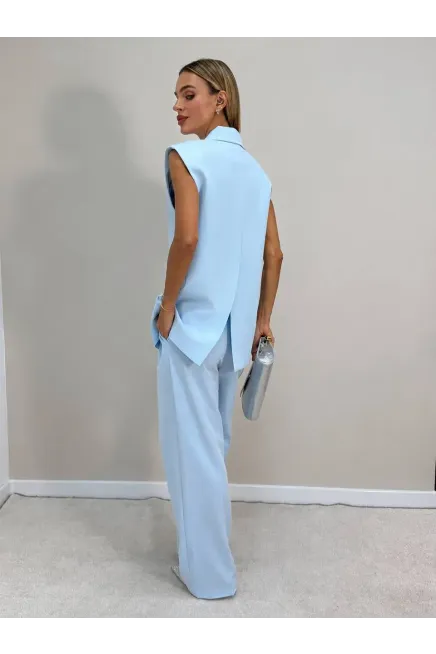 Vatkalı Blazer Yelek ve Pantalon Takım Mavi