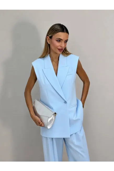 Vatkalı Blazer Yelek ve Pantalon Takım Mavi