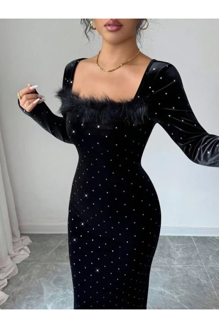 Velvet Kadife Taş ve Kürk Detay Maxi Boy Elbise