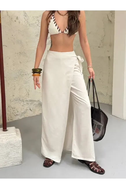 Viskon Keten Bağlama Detay Pantalon Ekru
