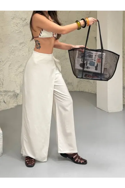 Viskon Keten Bağlama Detay Pantalon Ekru