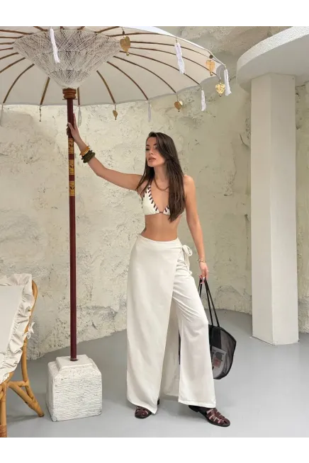 Viskon Keten Bağlama Detay Pantalon Ekru
