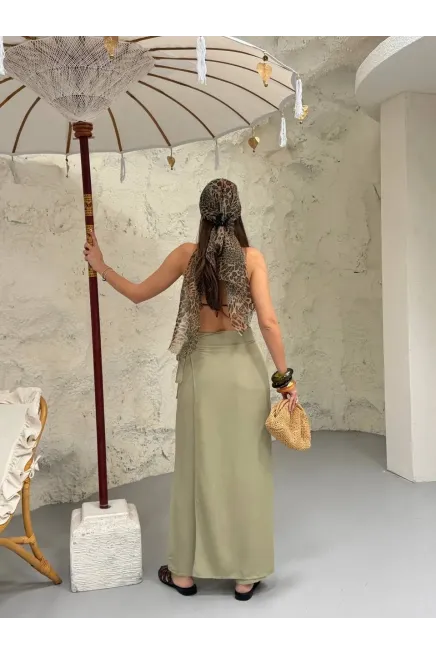 Viskon Keten Bağlama Detay Pantalon Haki