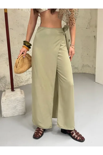 Viskon Keten Bağlama Detay Pantalon Haki