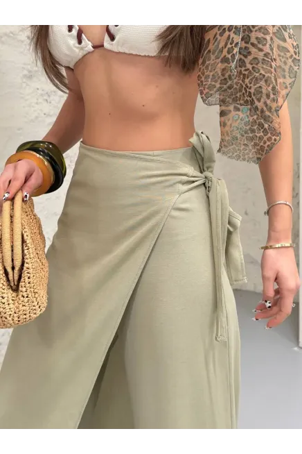 Viskon Keten Bağlama Detay Pantalon Haki