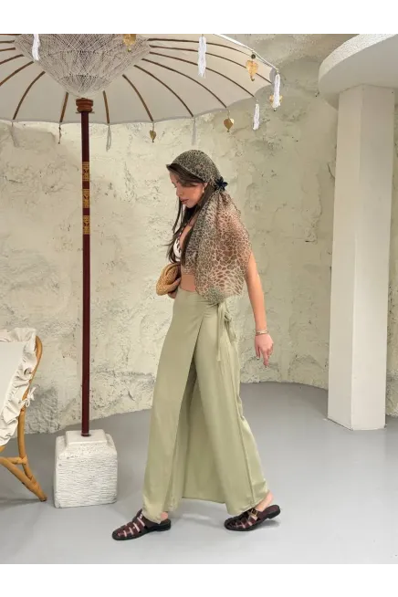 Viskon Keten Bağlama Detay Pantalon Haki