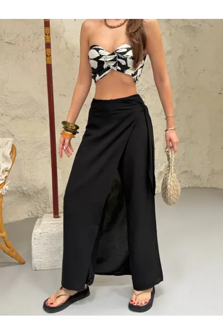 Viskon Keten Bağlama Detay Pantalon Siyah