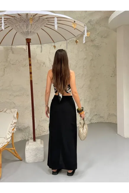 Viskon Keten Bağlama Detay Pantalon Siyah