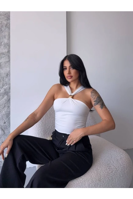 Yaka Detay Sandy Bluz Beyaz