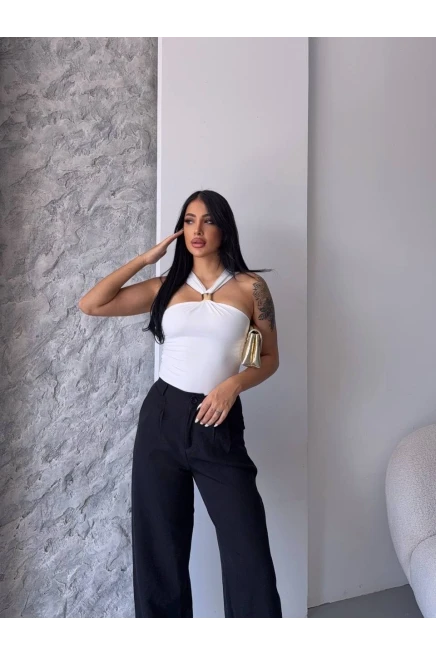 Yaka Detay Sandy Bluz Beyaz