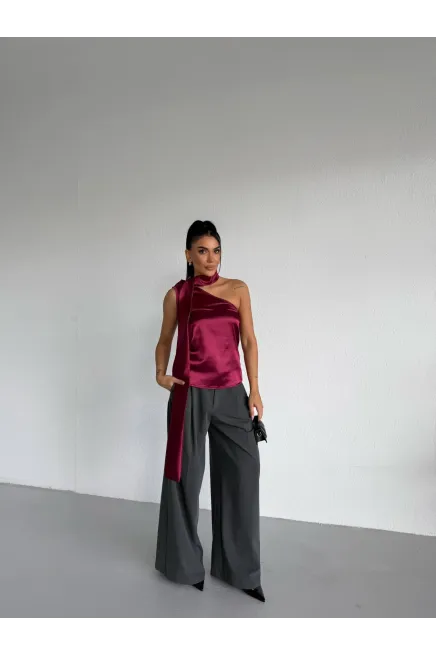 Yaka Detay Saten Bluz Bordo