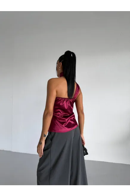 Yaka Detay Saten Bluz Bordo