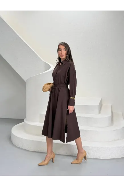 Yırtmaç Detay Etek ve Gömlek Alt Üst Takım Kahve