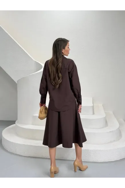 Yırtmaç Detay Etek ve Gömlek Alt Üst Takım Kahve