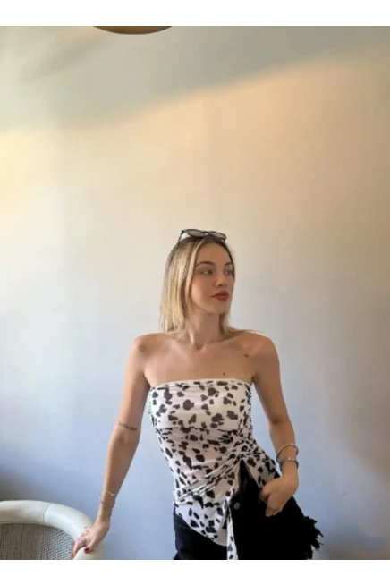 Zechka Kadın Beyaz Transparan Straplez Tül Crop Bluz