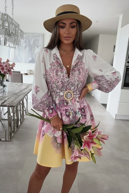 Zimmerman Desen Hakim Yaka Elbise İthal Atlas Kumas