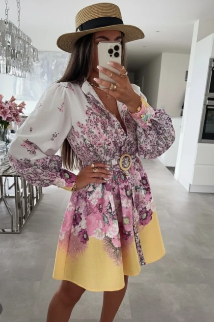 Zimmerman Desen Hakim Yaka Elbise İthal Atlas Kumas