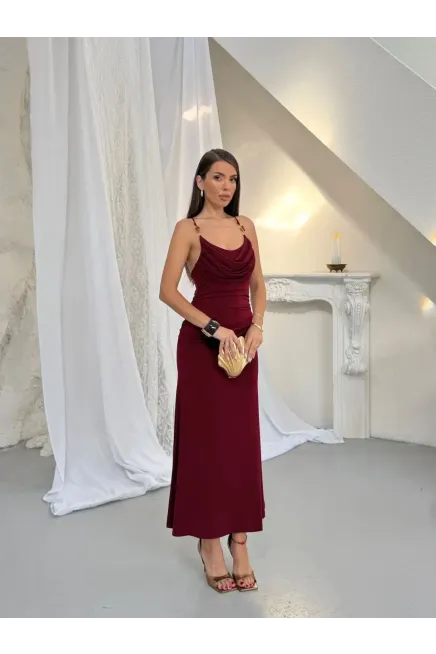 Aksesuar Detay Drape Elbise Bordo - 2
