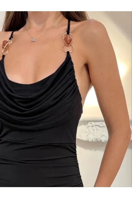Aksesuar Detay Drape Elbise Siyah