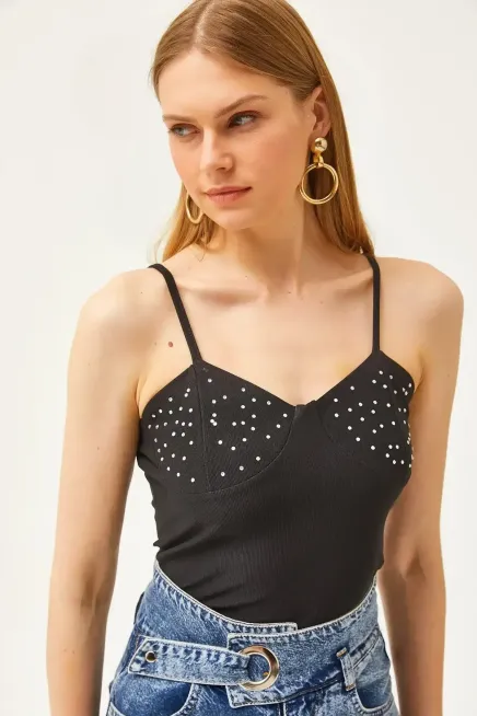 Askılı Taş Detaylı Ottoman Crop Bluz-cln103-syh