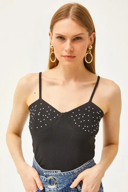 Askılı Taş Detaylı Ottoman Crop Bluz-cln103-syh