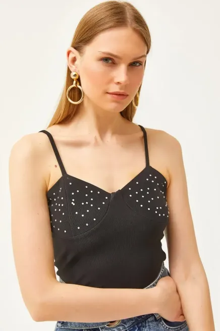 Askılı Taş Detaylı Ottoman Crop Bluz-cln103-syh