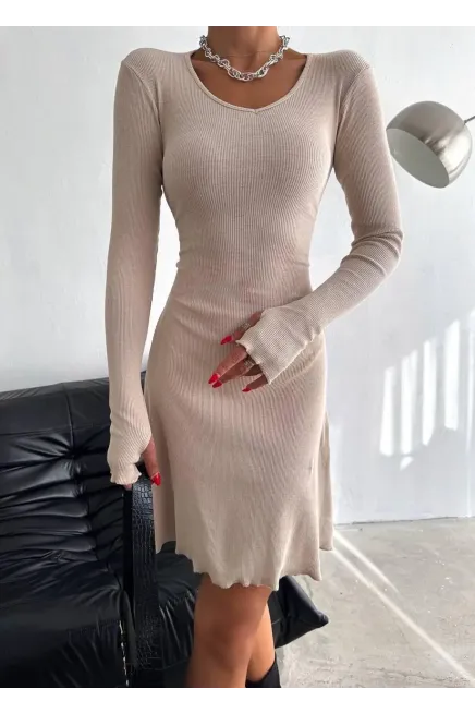 Bej Sırt Detay Kaşkorse Elbise-2175fr-bj