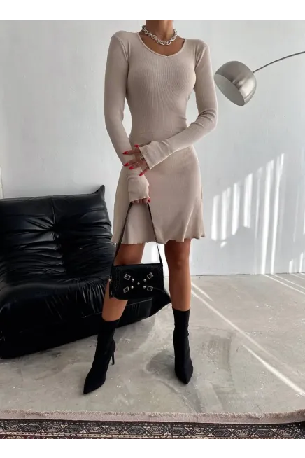 Bej Sırt Detay Kaşkorse Elbise-2175fr-bj
