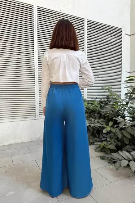 Beli Lastikli İspanyol Bol Paça Pantolon-3391İndigo