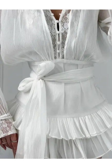 Beyaz Dantel Detaylı Organze Mini Elbise - 3