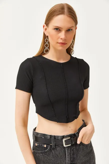 Bisiklet Yaka Parçalı Crop Ottoman Bluz-cln1040-syh
