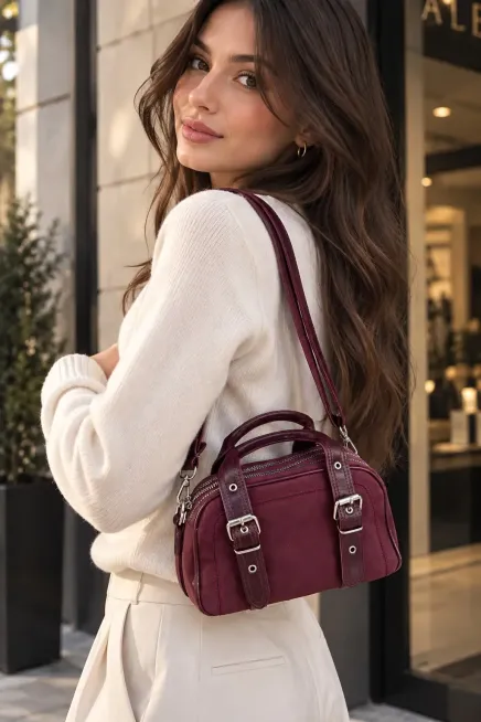 Bordo Fermuarlı Omuz Çantası