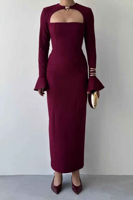 Broş Detaylı Elbise Bordo
