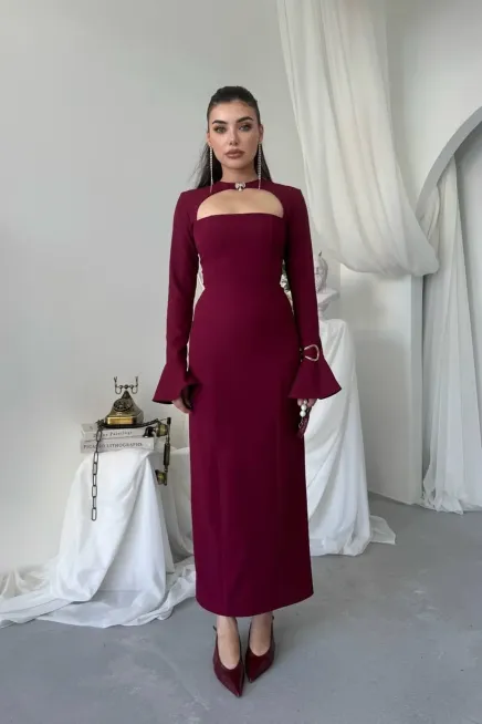 Broş Detaylı Elbise Bordo